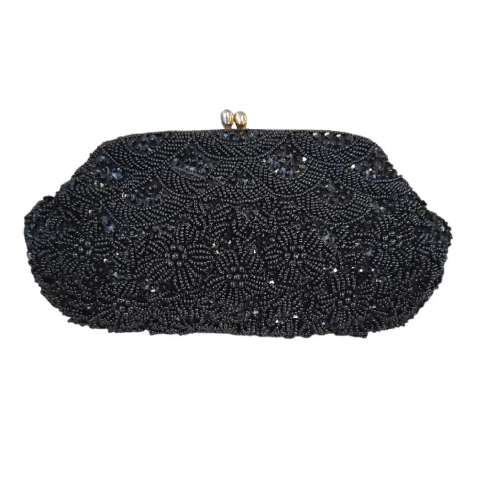 VTG 50s 60s Black Handmade Hong Kong‎ Beaded Sequins Kiss Lock Clutch